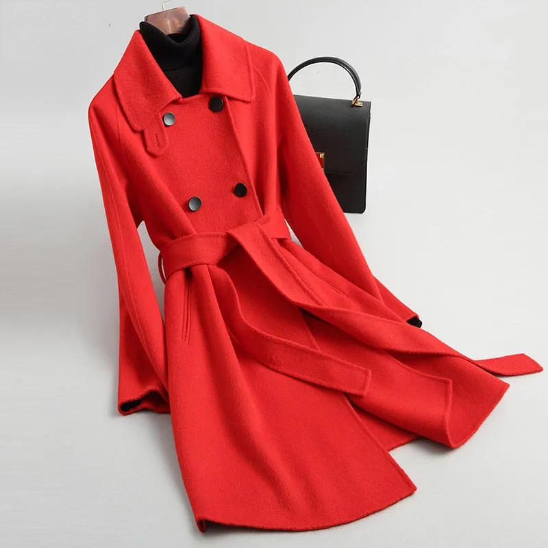 100% Wool Slim Double-sided Mid-length Trench Coats for Women