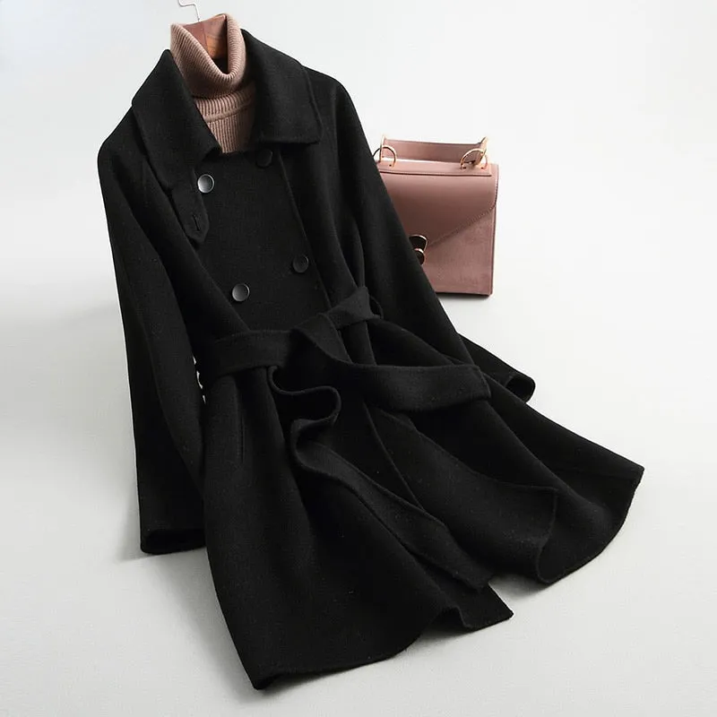 100% Wool Slim Double-sided Mid-length Trench Coats for Women