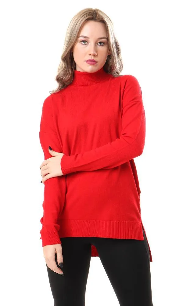 93985 Basic Long Sleeves High-Low Red Pullover