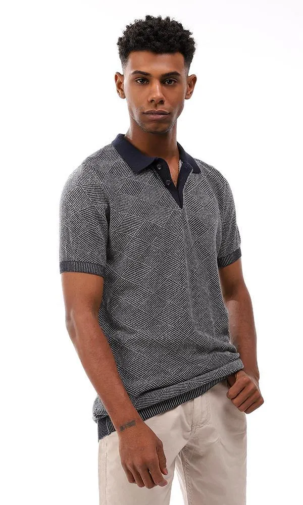 94796 Upper Buttoned Elastic Hem Polo Shirt - Heather Navy Blue & Whit