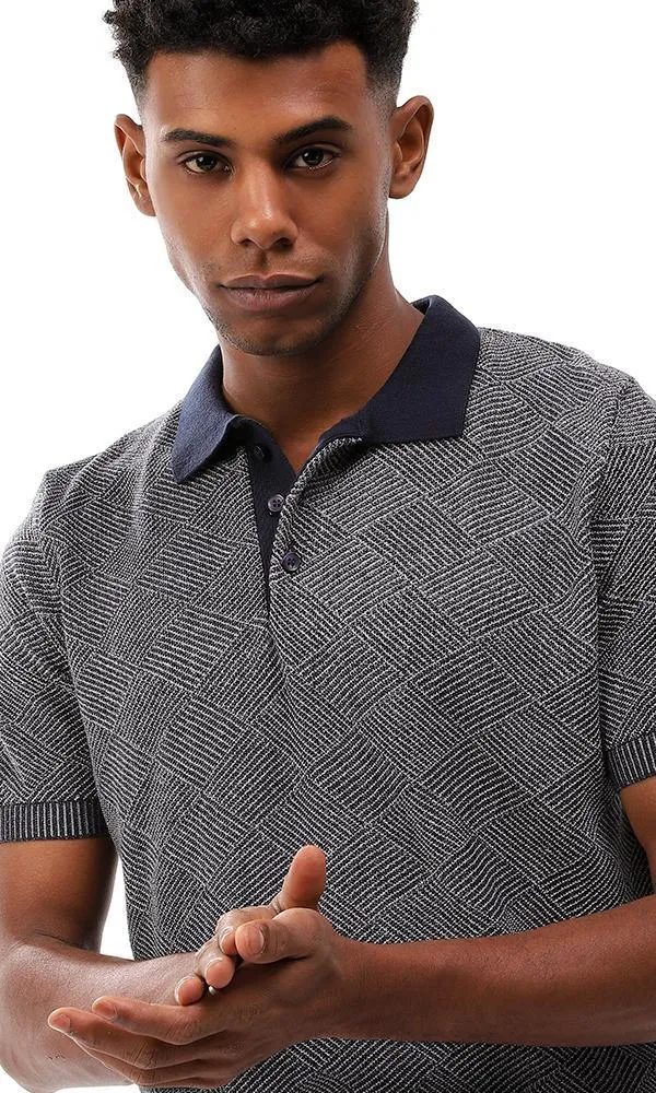 94796 Upper Buttoned Elastic Hem Polo Shirt - Heather Navy Blue & Whit