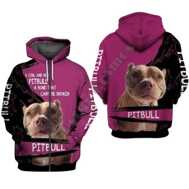 A Girl and Her Pitbull Dog 3D All Over Printed Zipper Unisex Hoodie Sweatshirt