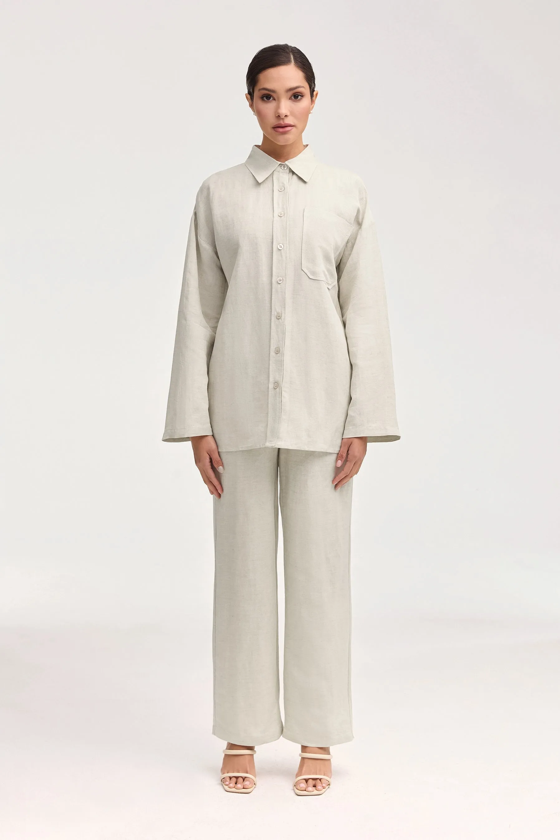 Adalila Linen Button Down Top - Oatmeal