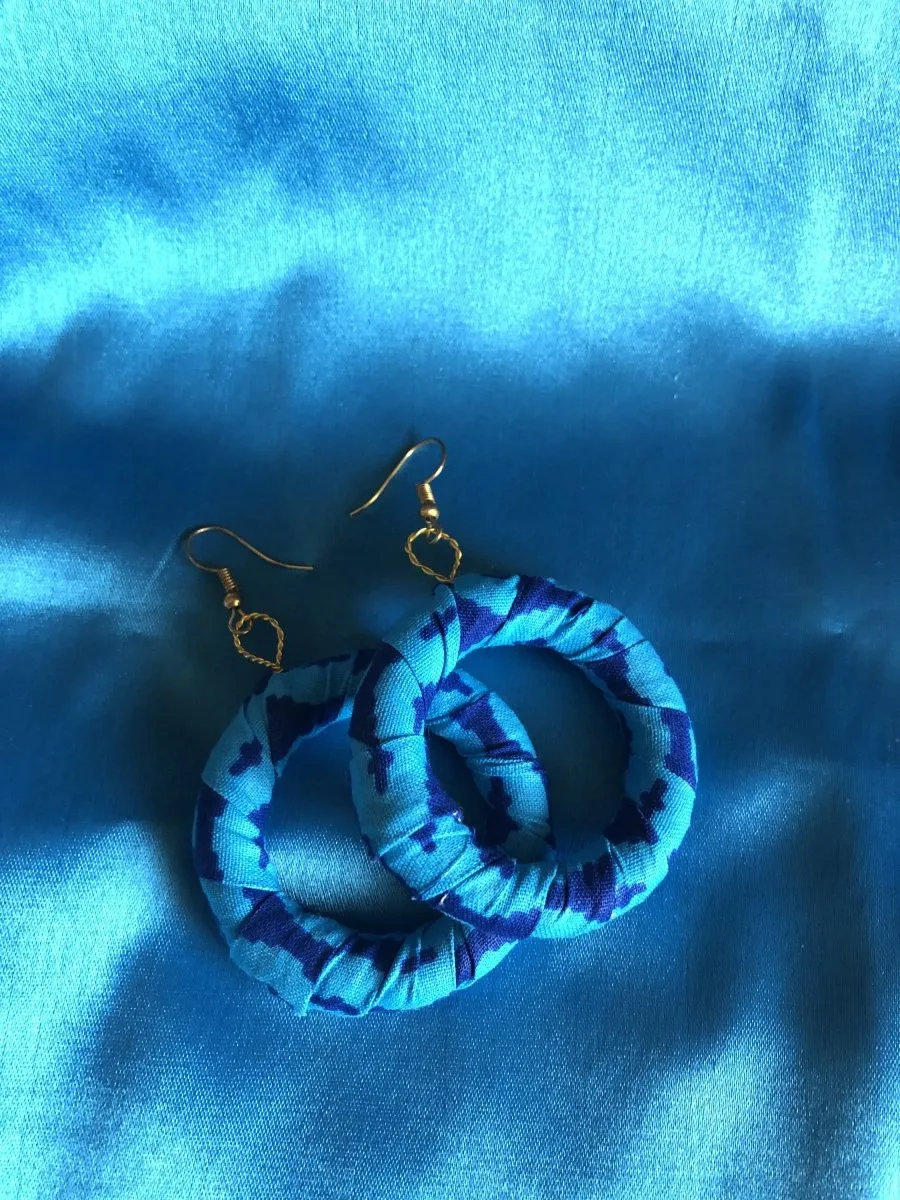 African Hoops in Blue Ankara Print - Up cycled Zero Waste Earrings