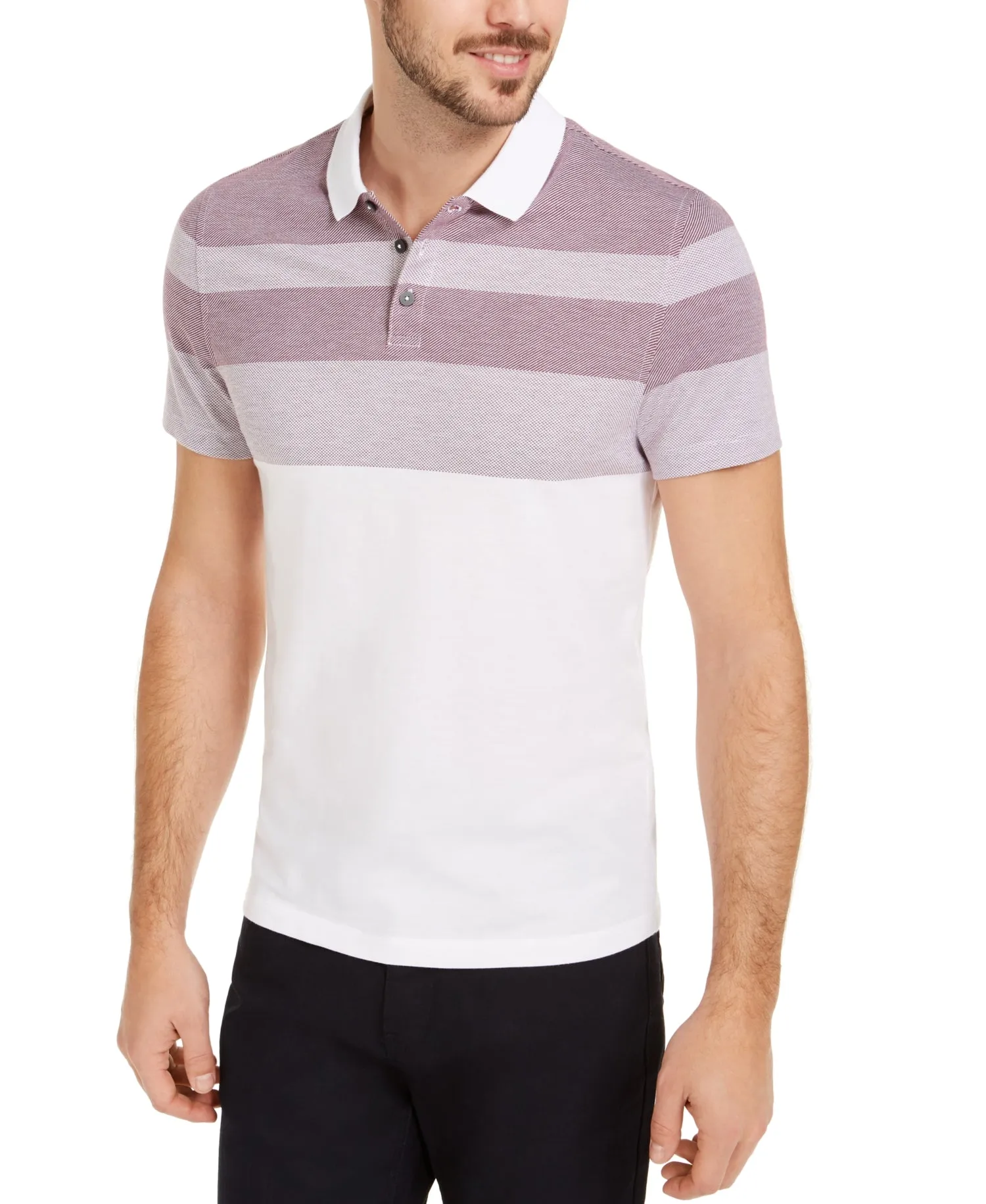 Alfani Men's Twill Striped Knit Polo Shirt, Ripe Burgundy, M