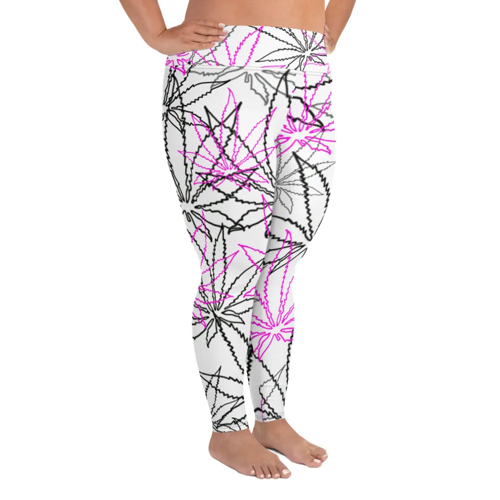 All-Over Print Black/Pink Leaf E4SO  Plus Size Leggings