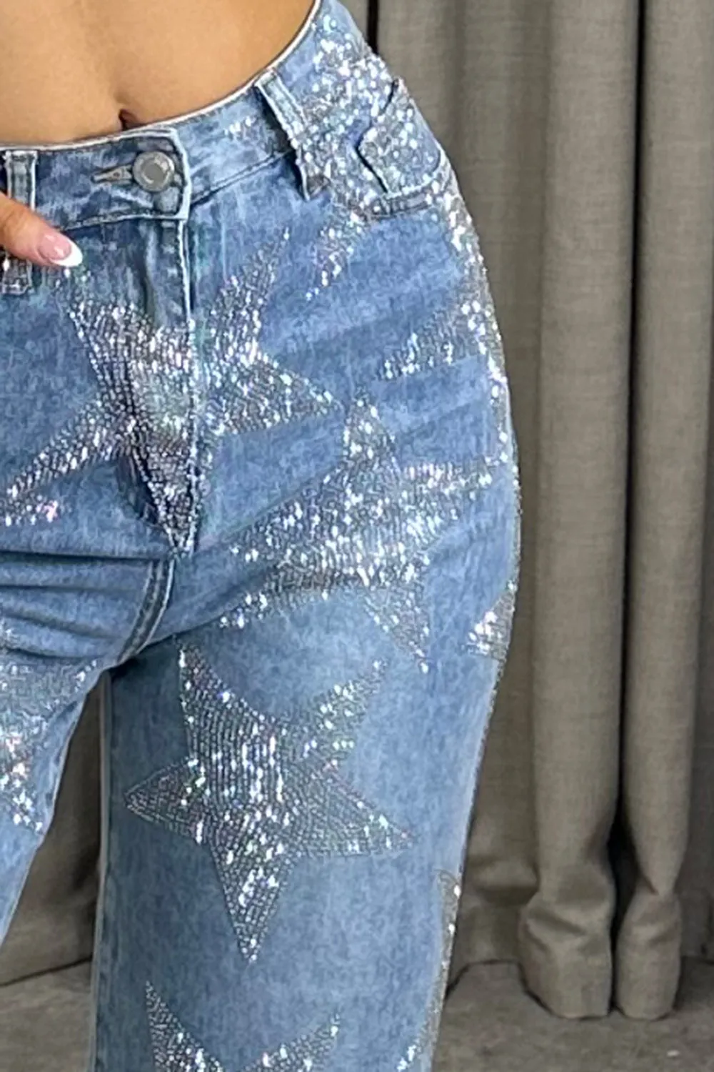 Anella Blue Diamante Star Embellished Wide Leg Denim Jeans