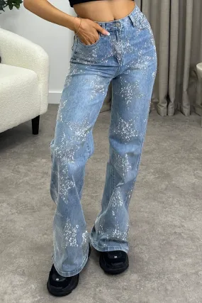 Anella Blue Diamante Star Embellished Wide Leg Denim Jeans