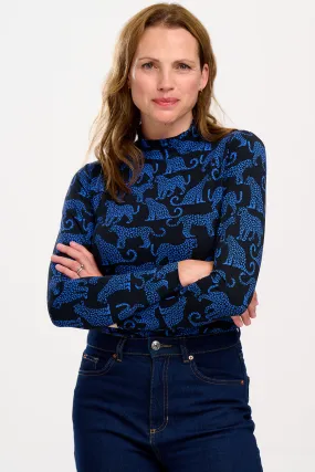 Annika Jersey Top - Black/Blue, Leopard Spots