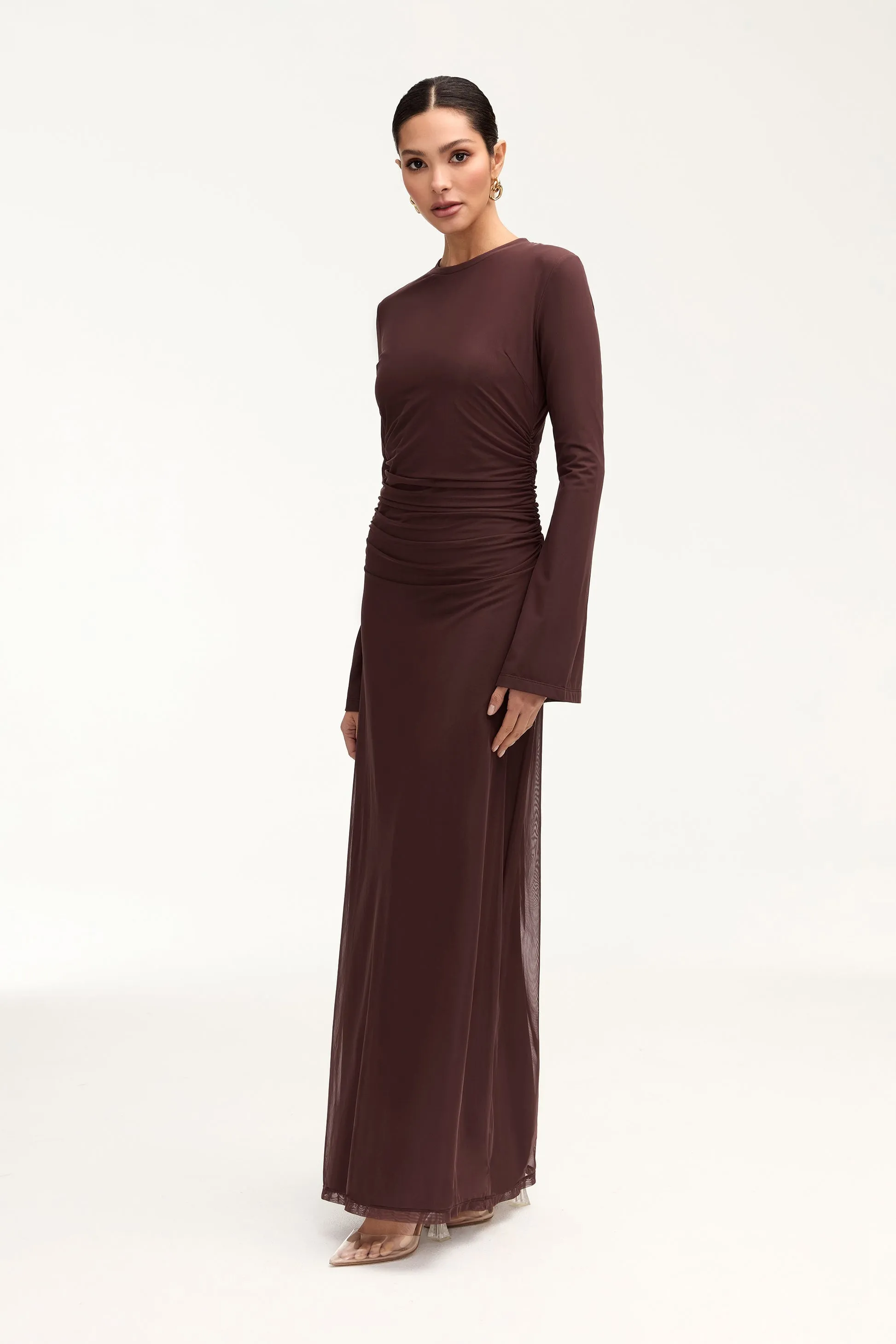 Arianna Rouched Mesh Maxi Dress - Espresso