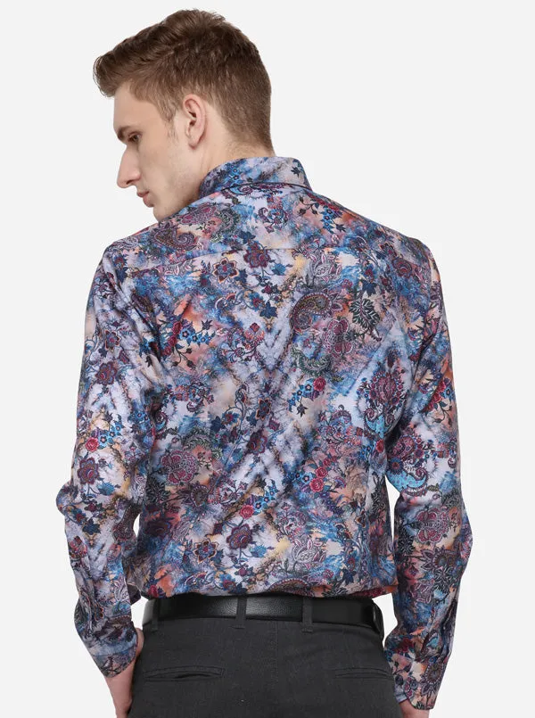 Ash Blue Printed Slim Fit Party Wear Shirt | Wyre