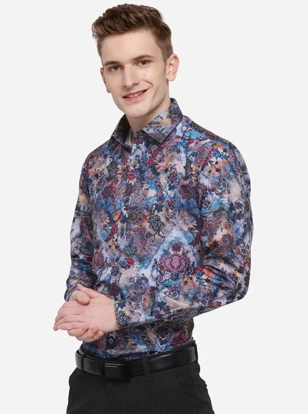 Ash Blue Printed Slim Fit Party Wear Shirt | Wyre