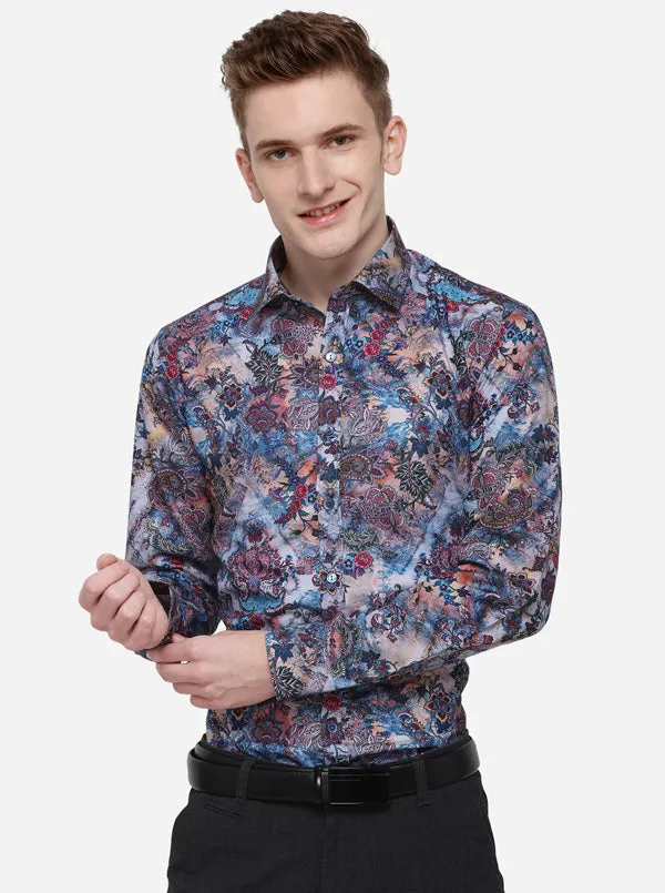 Ash Blue Printed Slim Fit Party Wear Shirt | Wyre