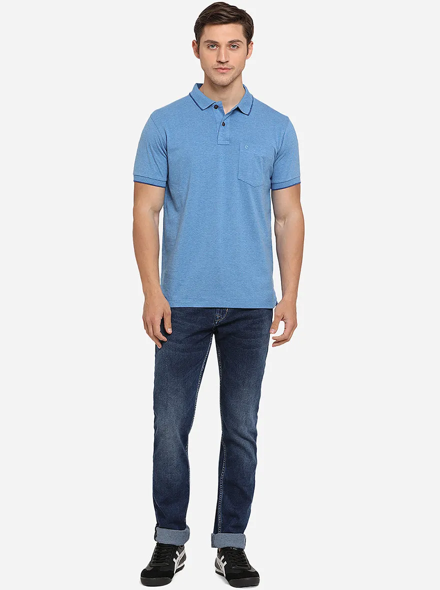 Azure Blue Solid Slim Fit Polo T-Shirt | Greenfibre