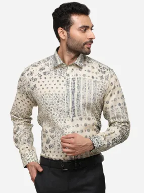 Beige & Grey Printed Slim Fit Party Wear Shirt | JB Studio