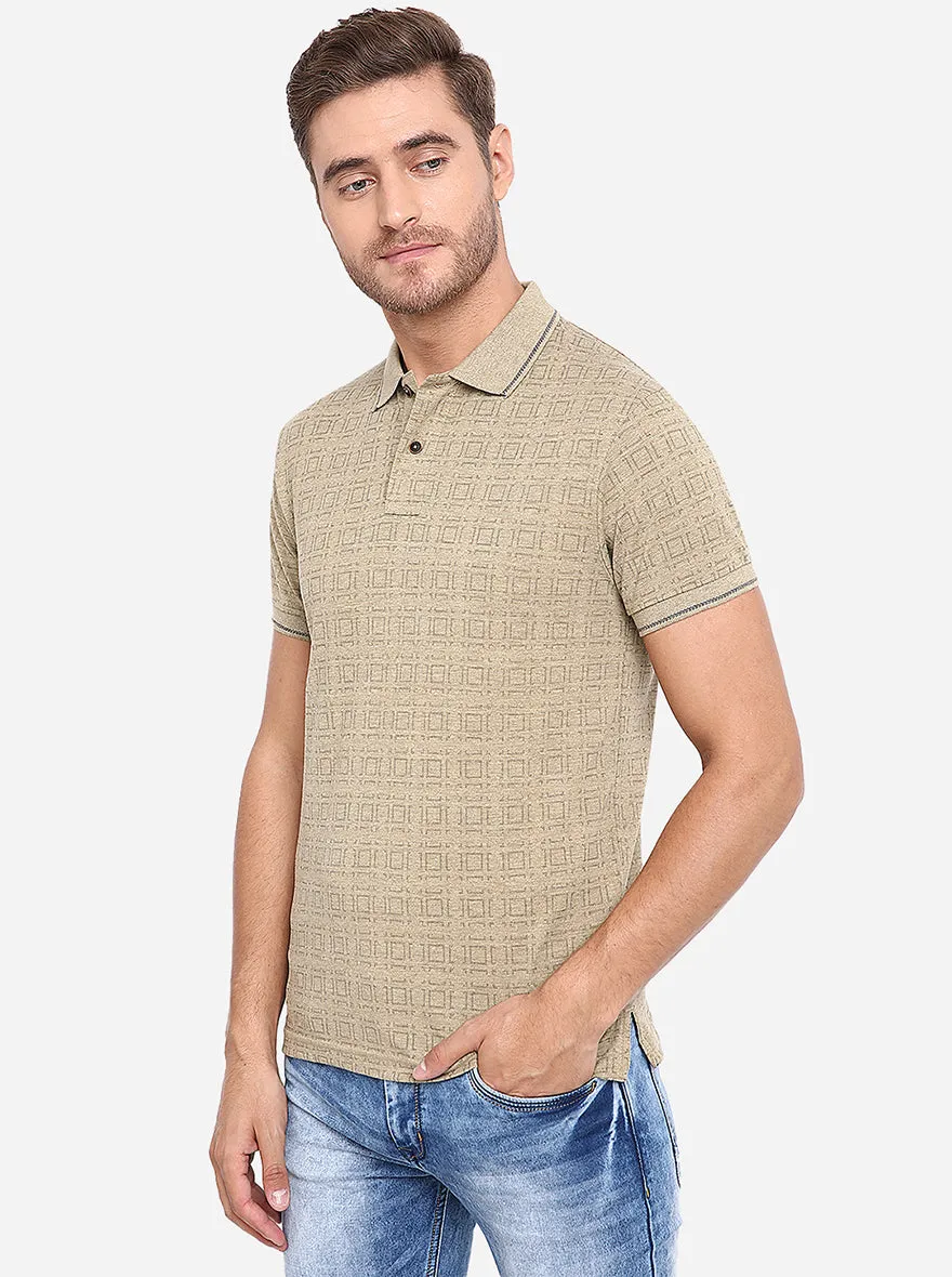 Beige Printed Slim Fit Polo T-Shirt | Greenfibre