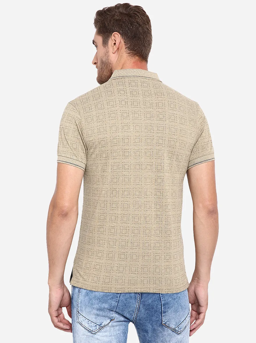 Beige Printed Slim Fit Polo T-Shirt | Greenfibre