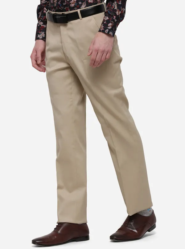 Beige Solid Classic Fit Formal Trouser | Greenfibre