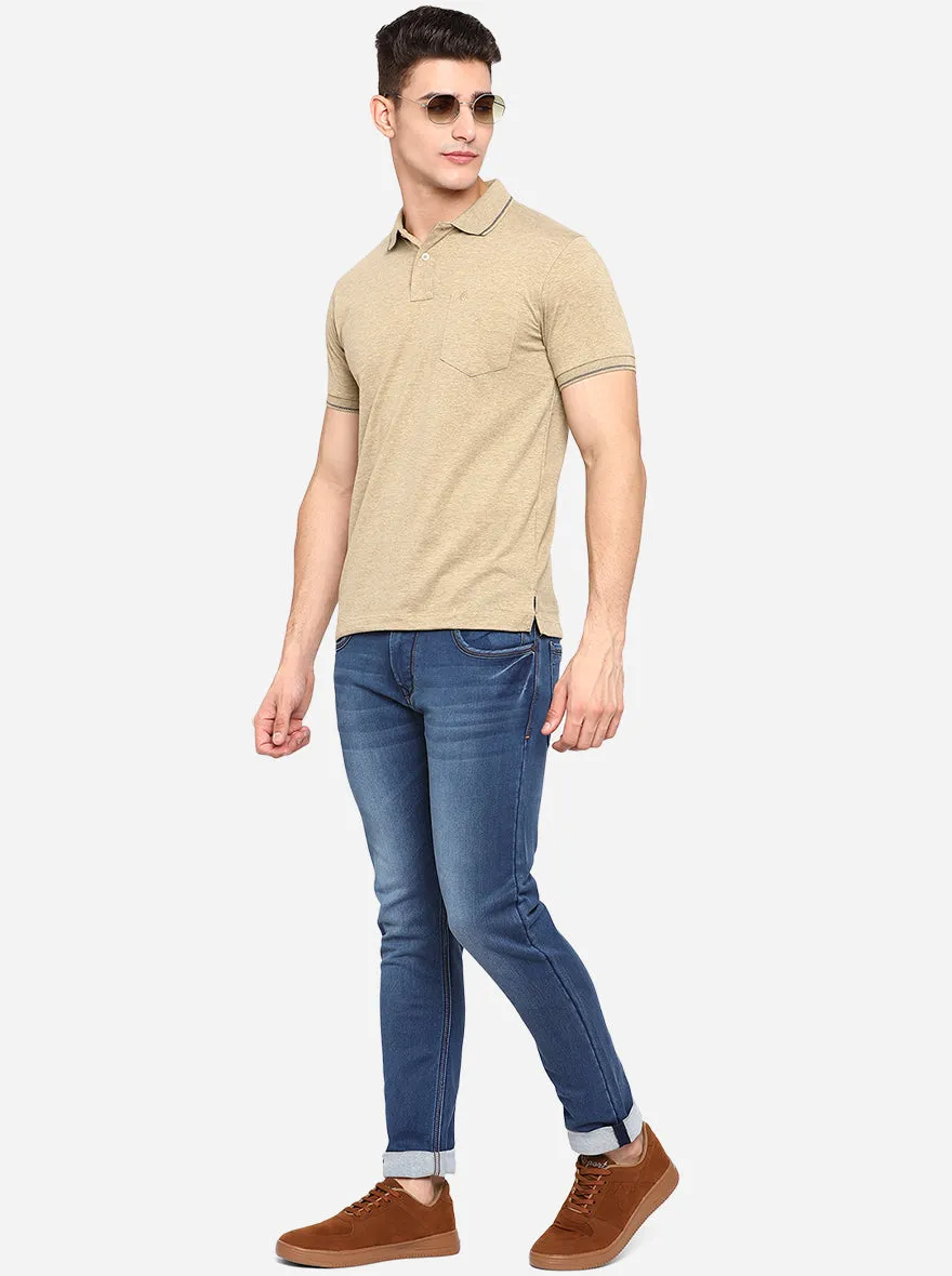 Beige Solid Slim Fit Polo T-Shirt | Greenfibre