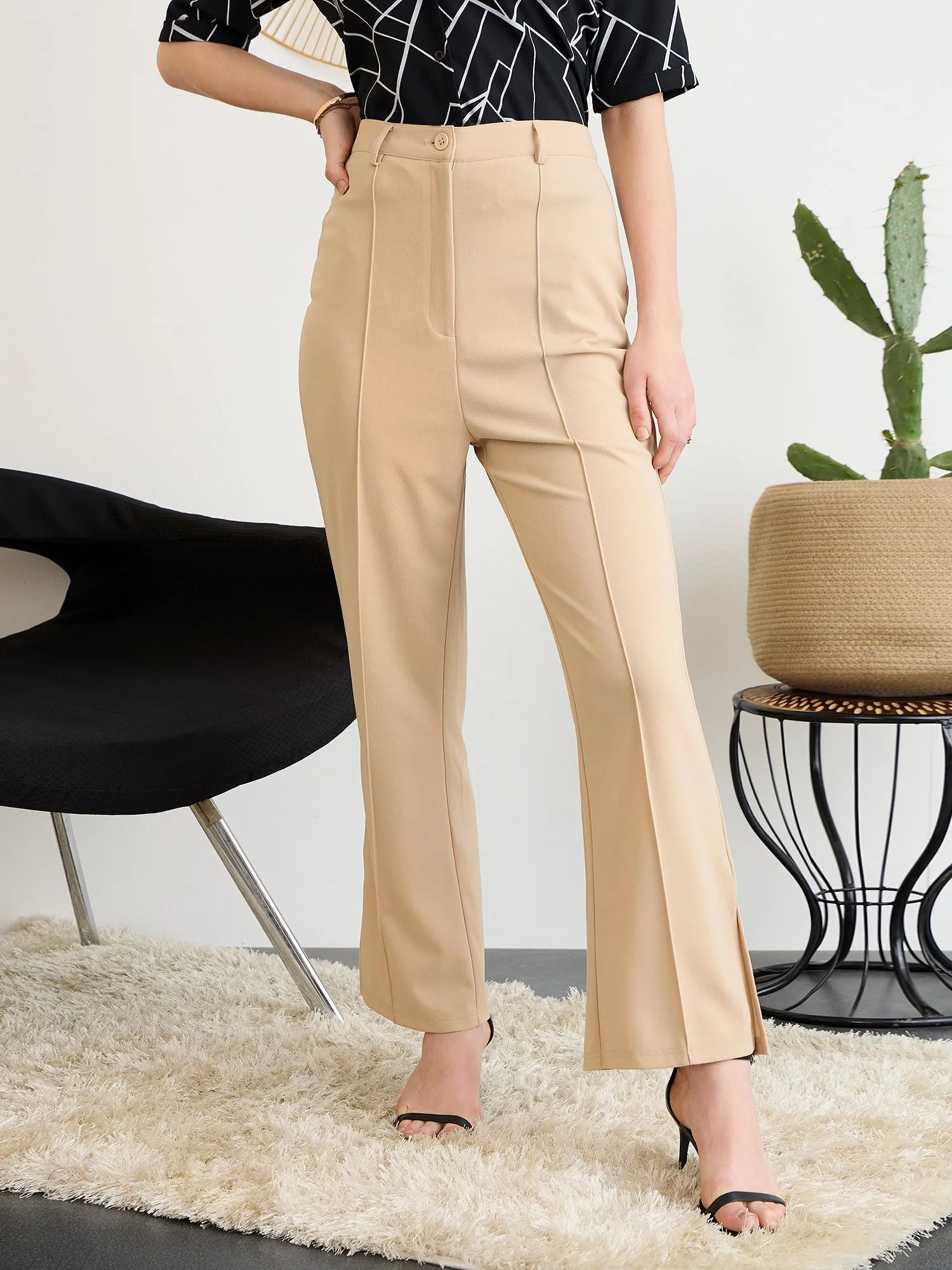 Berrylush BIZwear Women Solid Beige High-Rise Waist Straight-Leg Front-Pleat Knitted Regular Trousers