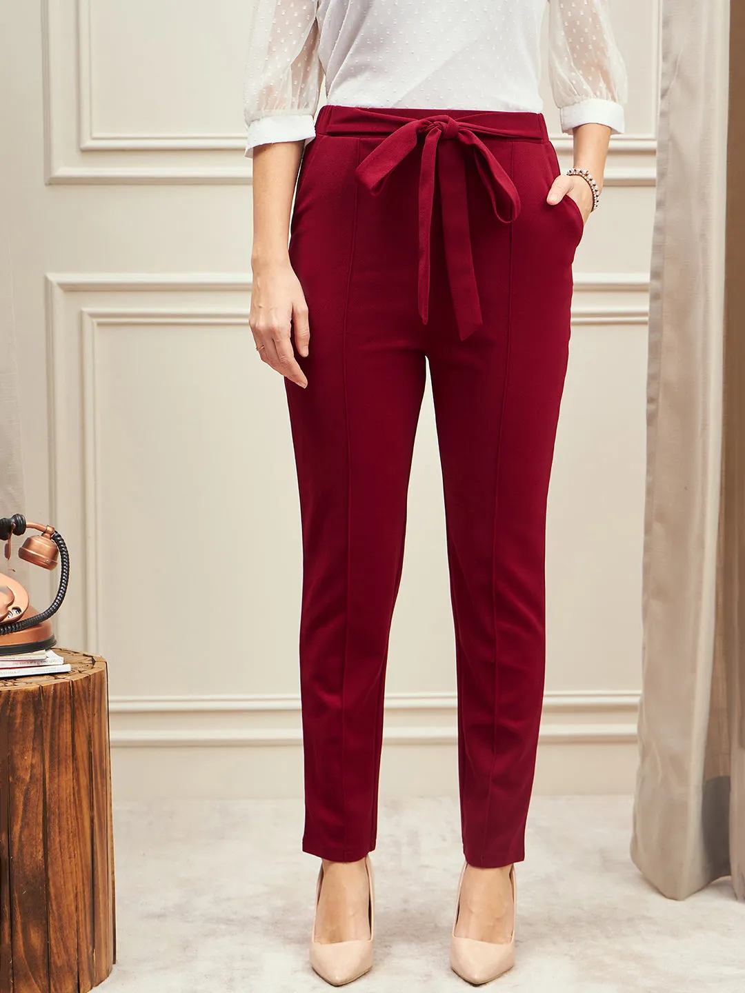 Berrylush BIZwear Women Solid Maroon High-Rise Waist Tie-Up Skinny-Fit Two-Pocket Knitted Regular Pants