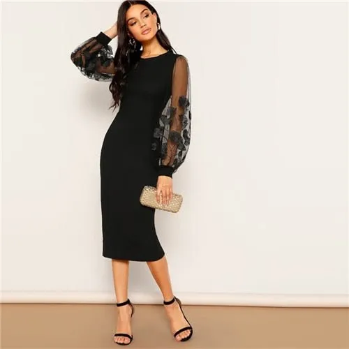 Black Embroidery Mesh Insert Stretchy Bishop Sleeve Fitted Knee Length Bodycon Dress Women Spring Sheath Dresses