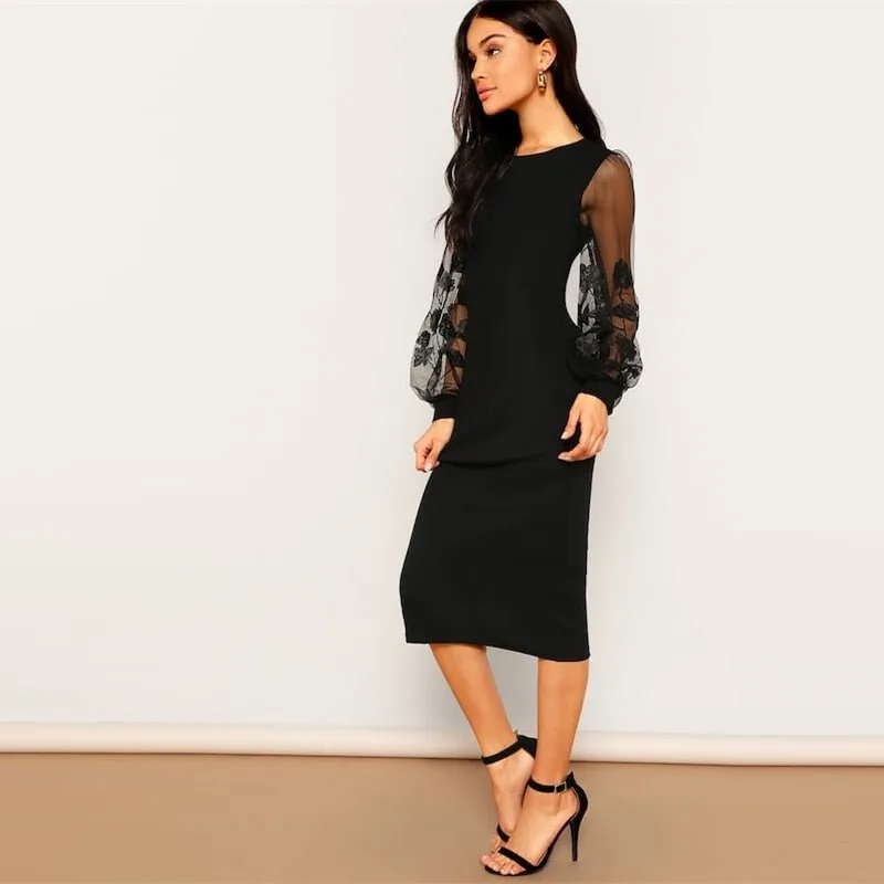 Black Embroidery Mesh Insert Stretchy Bishop Sleeve Fitted Knee Length Bodycon Dress Women Spring Sheath Dresses