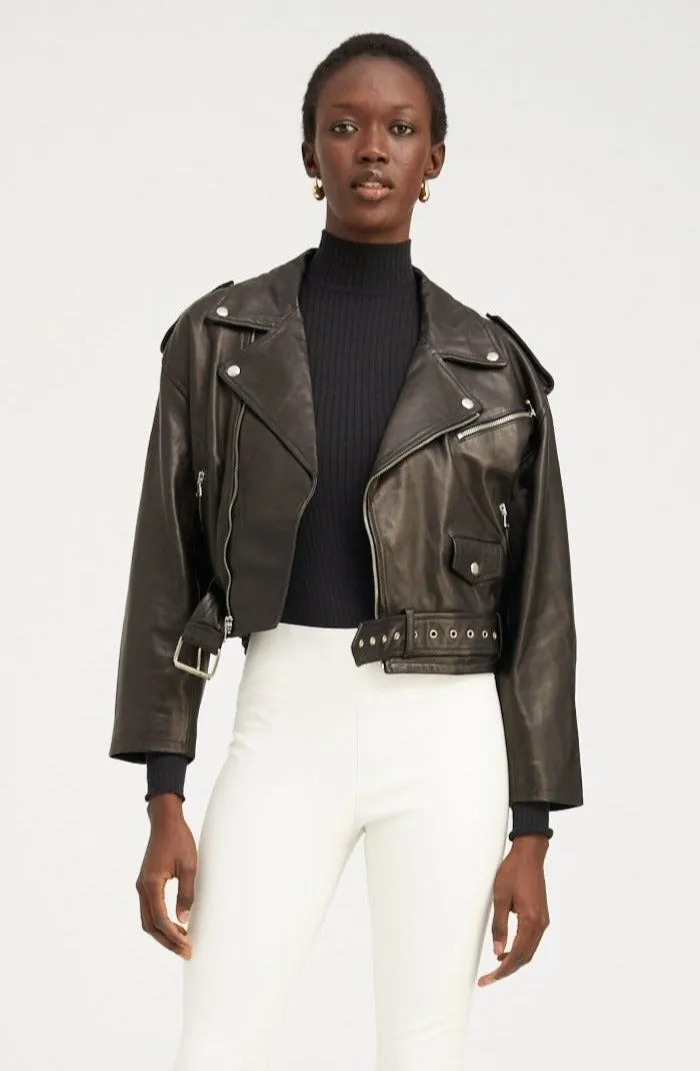 Black Leather Eyelet Lace-Up Moto Jacket