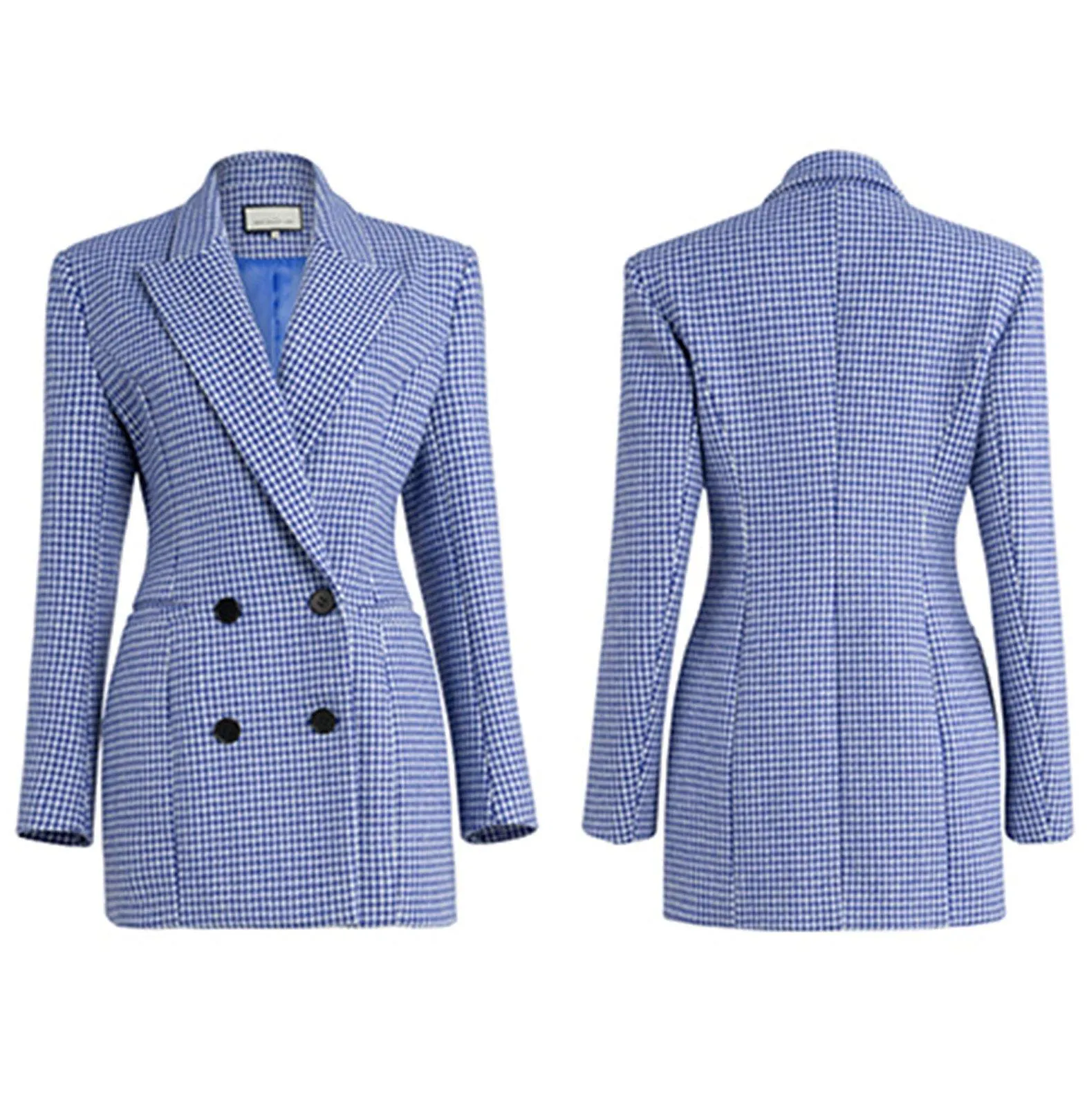 Blue Houndstooth Double Breasted Belted Slim Fit Blazer