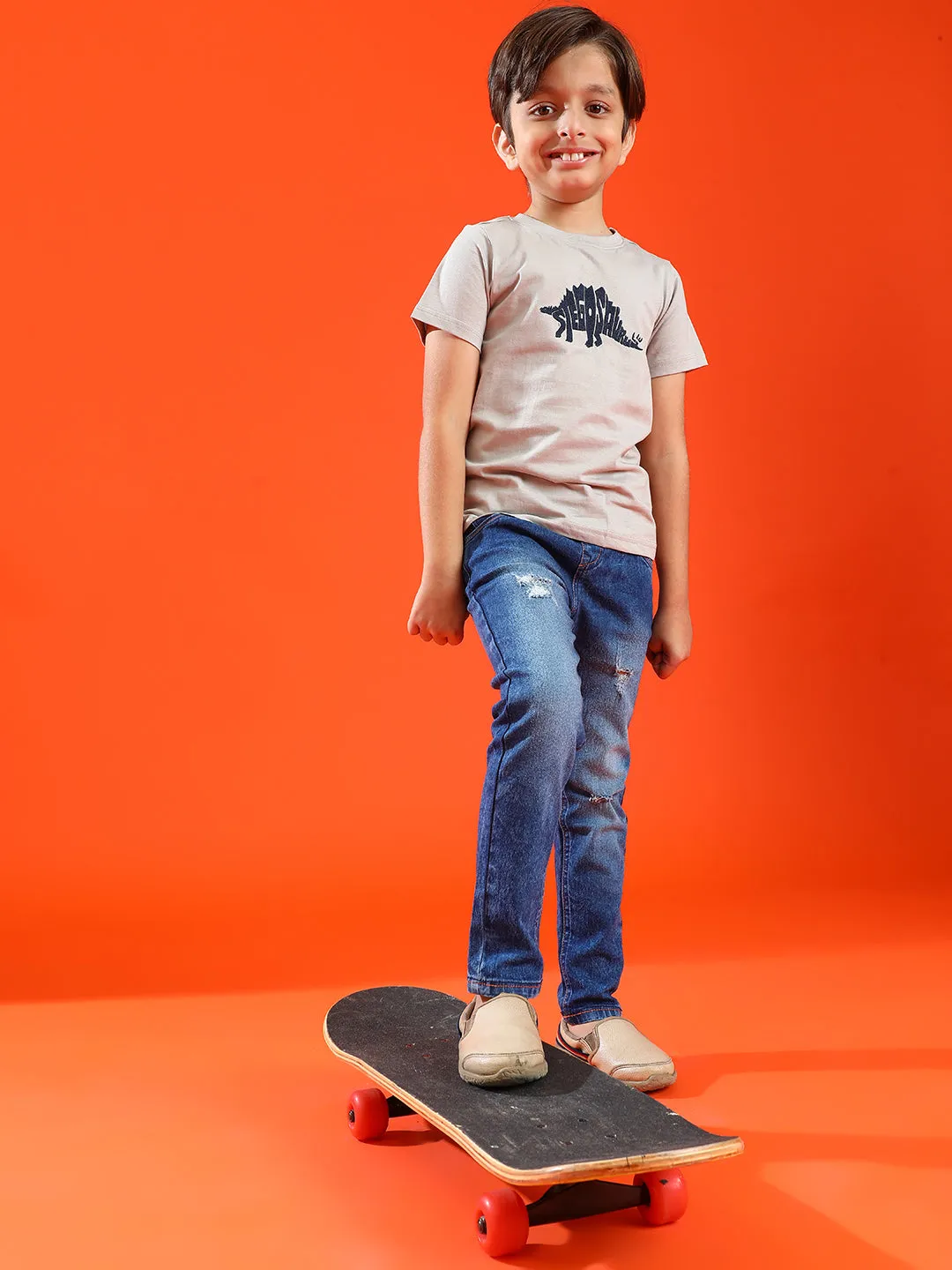 Boys Light Grey 100% Cotton Printed T-shirt