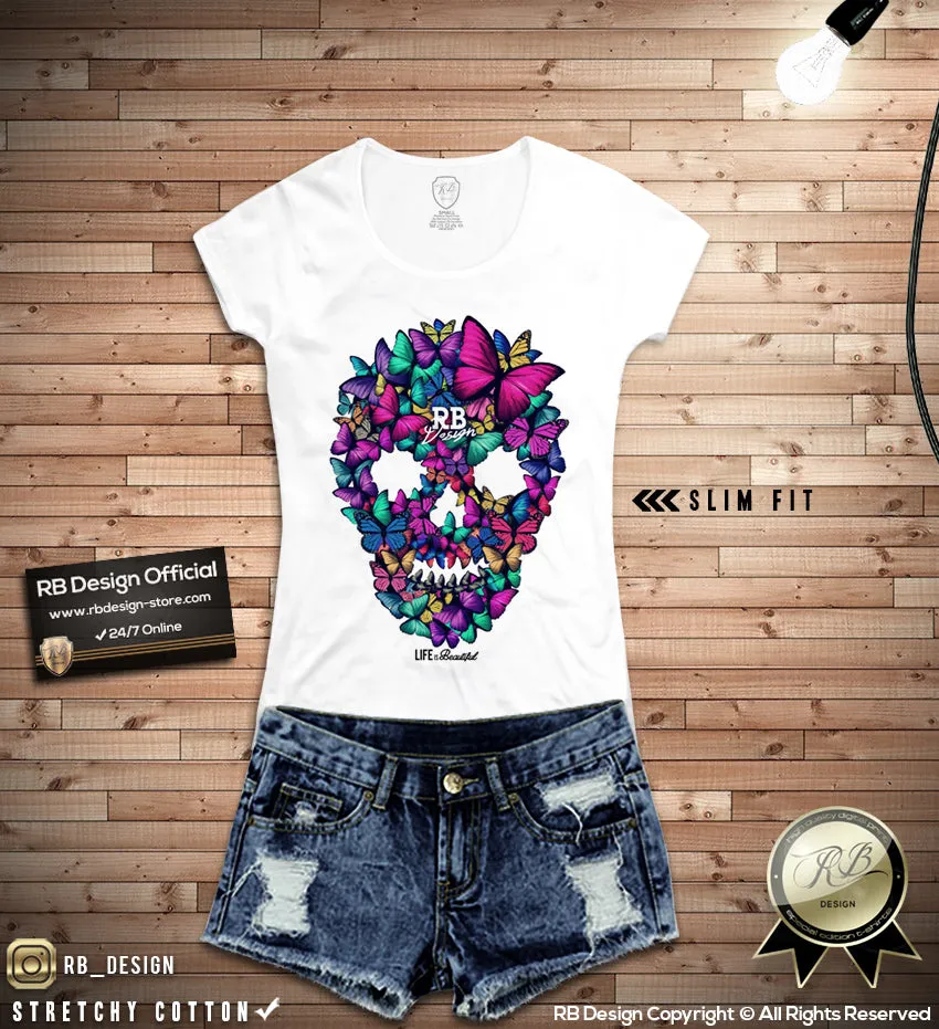 Butterflies Skull Women's T-shirt Unique Graphic Tank Top MD044