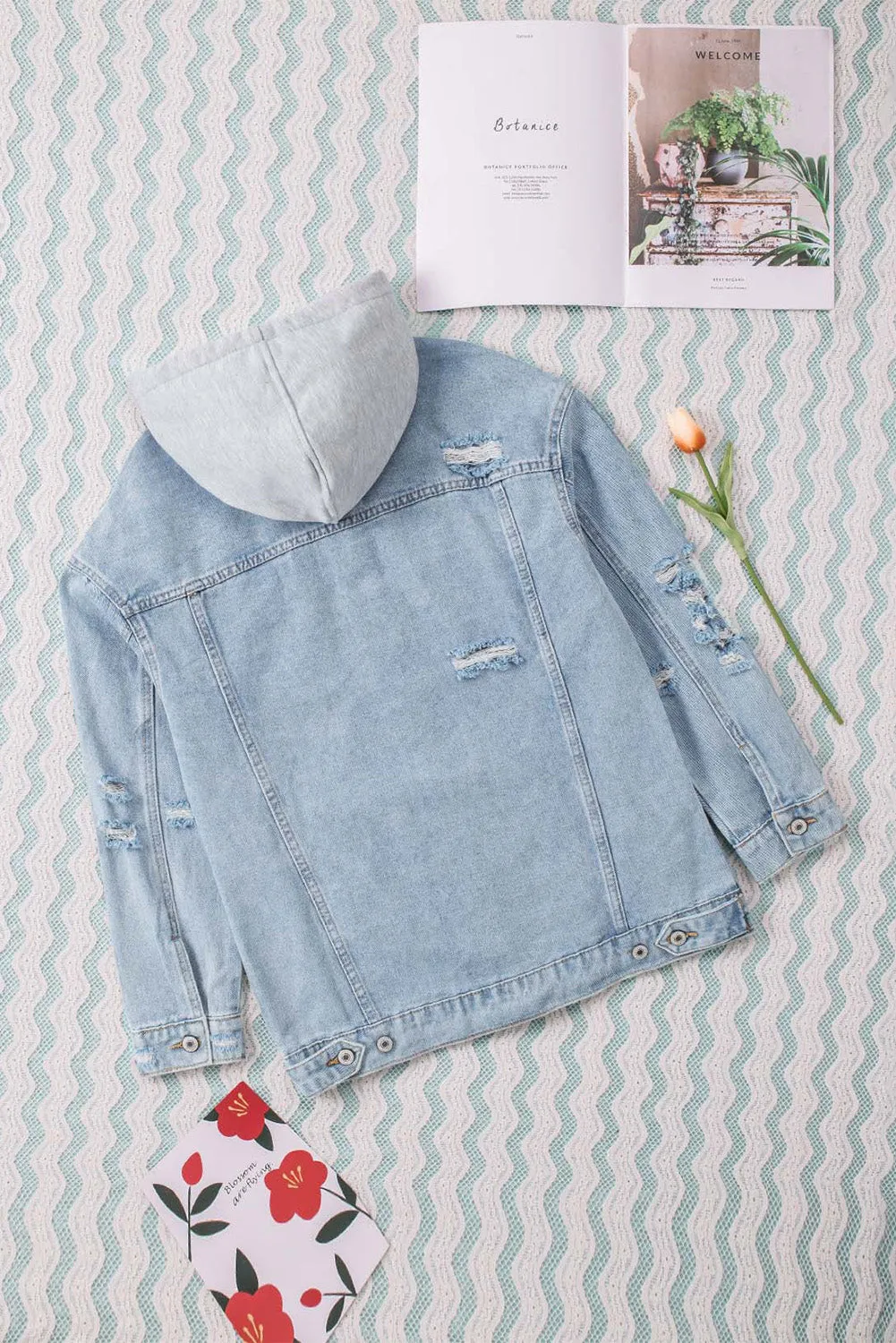 Button Closure Ripped Hooded Denim Jacket