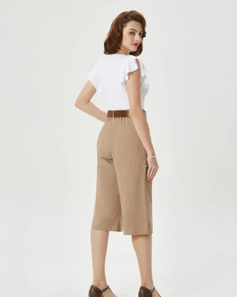 Casual Capris Summer High Wiasted Wide Leg Capris with Pockets & Belt