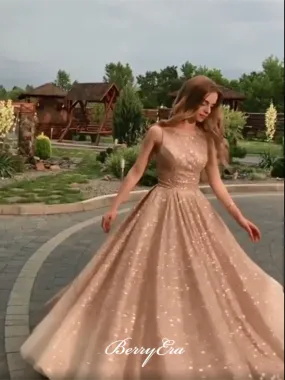 Champagne Gold A-line Shiny Prom Dresses, Lovely Prom Dresses, Prom Dresses