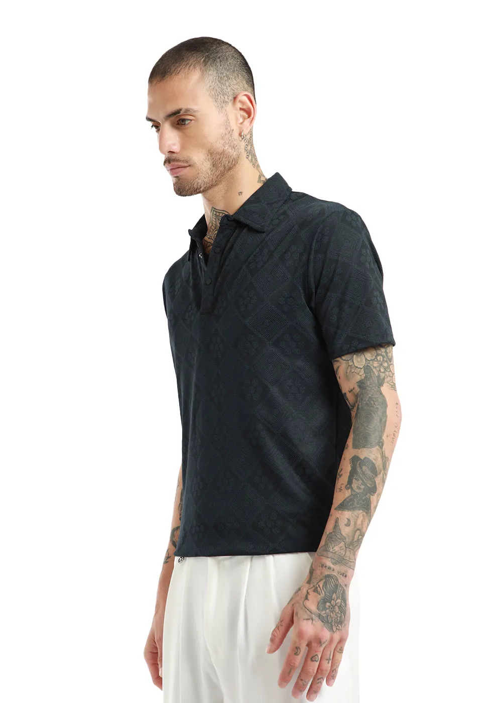 Dark Blue Diamond Textured Polo T-shirt