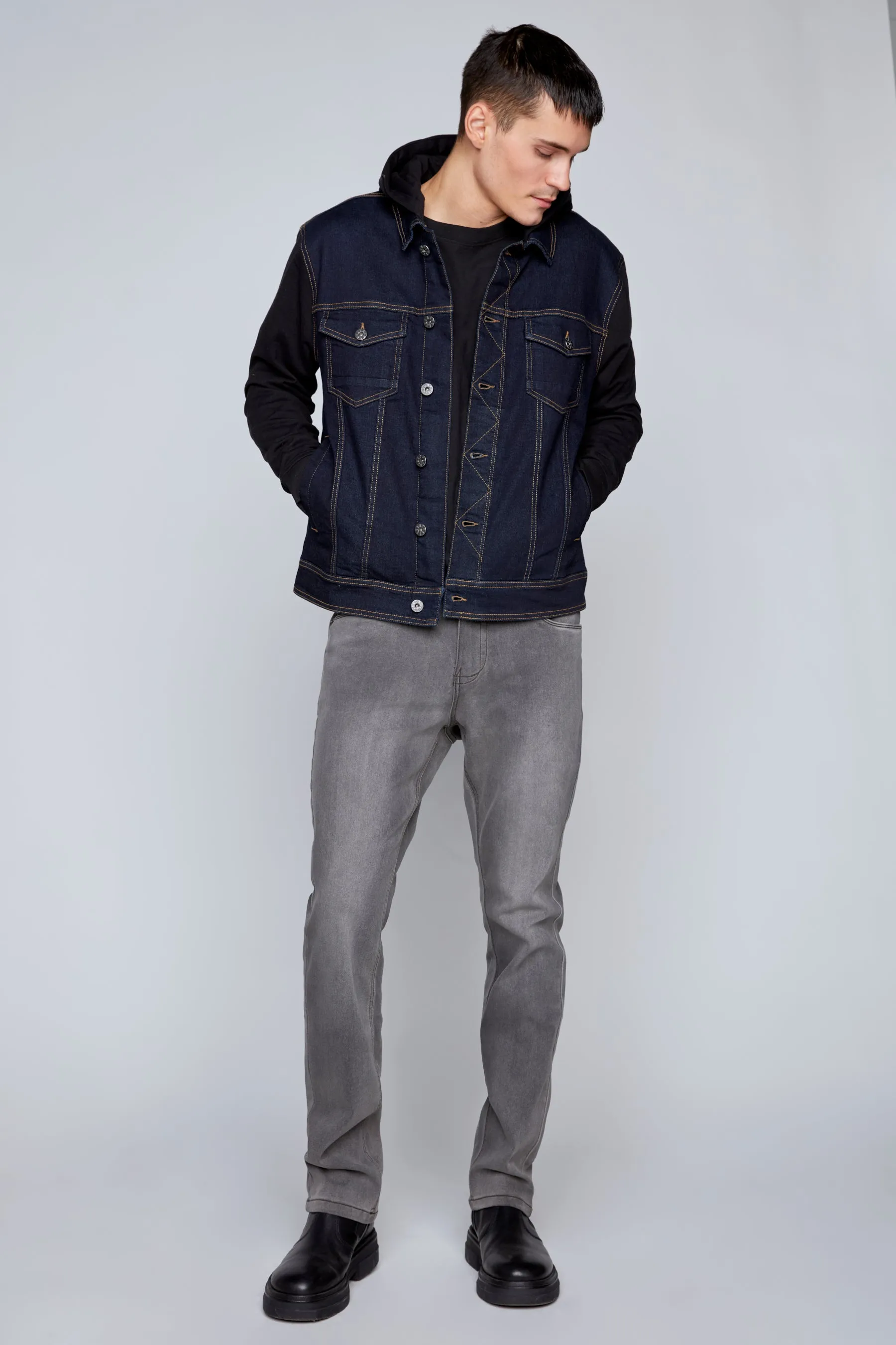 Denim Hybrid Hoodie Jacket - Blue/Black Rinse Wash