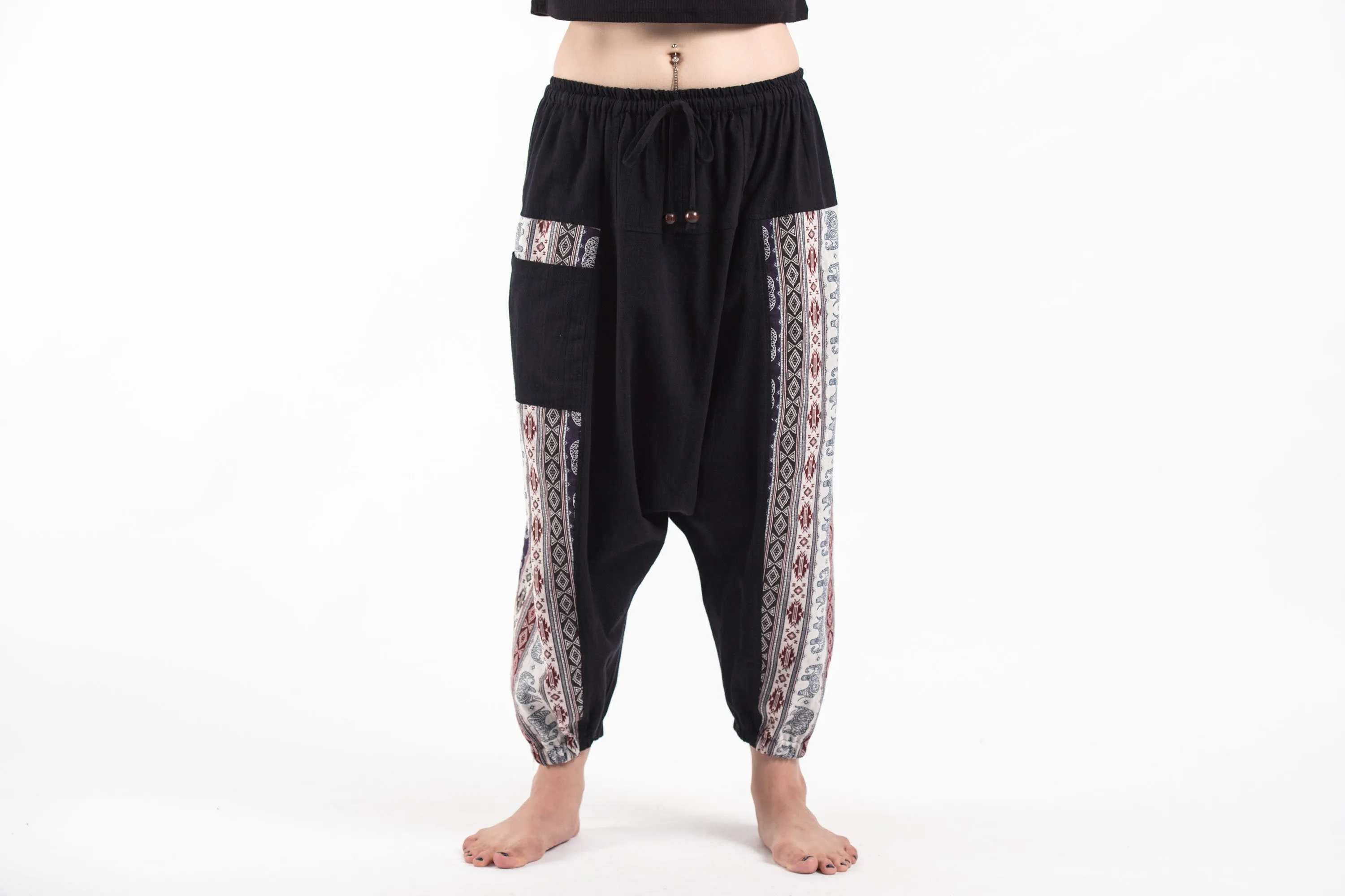 Elephant Aztec Cotton Women's Harem Pants in Black