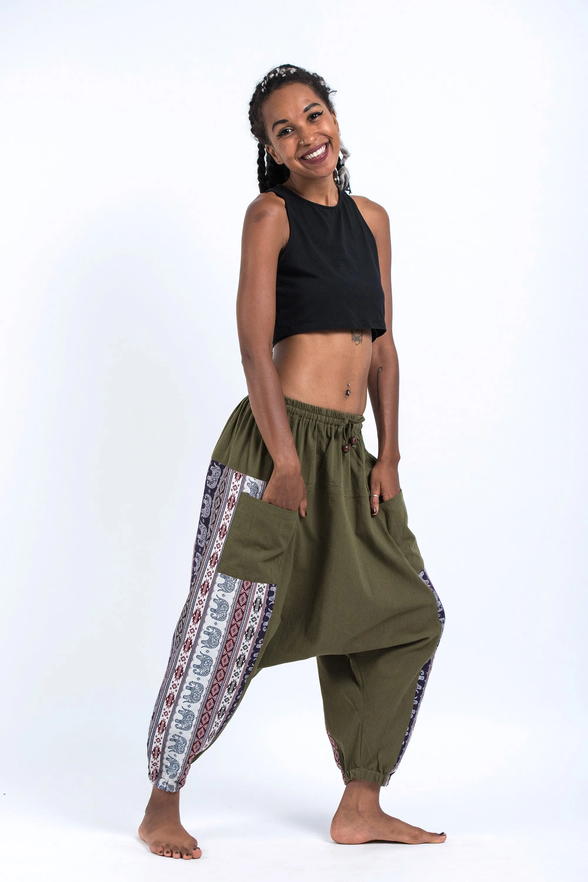 Elephant Aztec Cotton Women's Harem Pants in Green