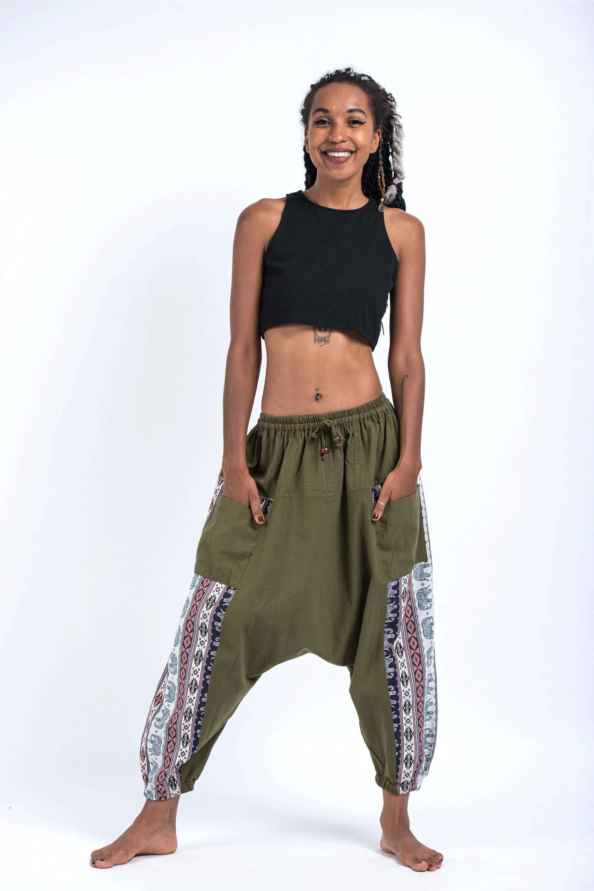 Elephant Aztec Cotton Women's Harem Pants in Green