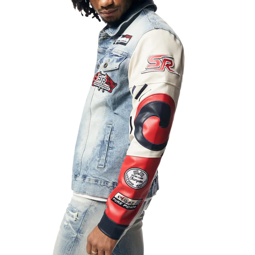 Embroidered Patched Racing Jean Jacket - Beacon Blue