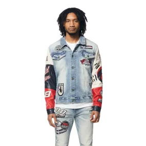 Embroidered Patched Racing Jean Jacket - Beacon Blue