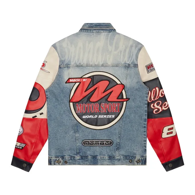 Embroidered Patched Racing Jean Jacket - Beacon Blue