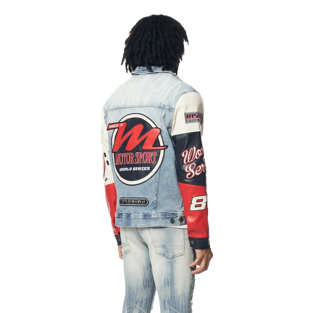 Embroidered Patched Racing Jean Jacket - Beacon Blue