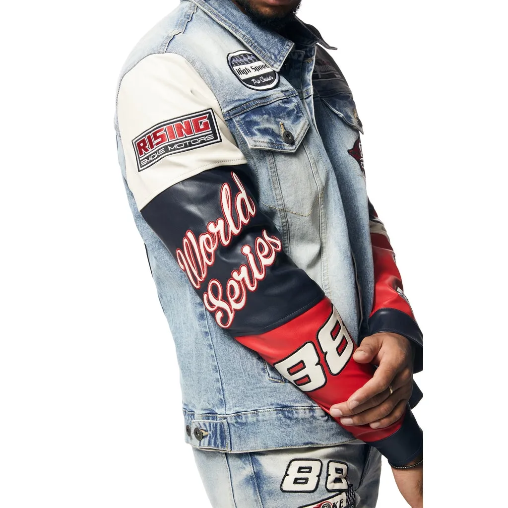 Embroidered Patched Racing Jean Jacket - Beacon Blue