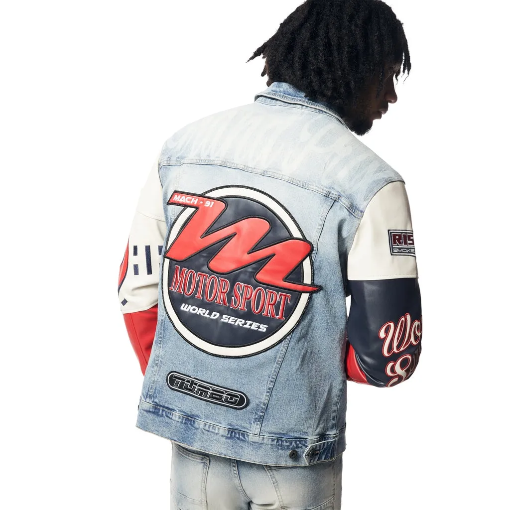 Embroidered Patched Racing Jean Jacket - Beacon Blue