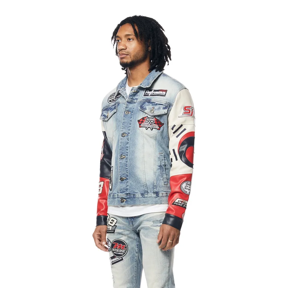 Embroidered Patched Racing Jean Jacket - Beacon Blue