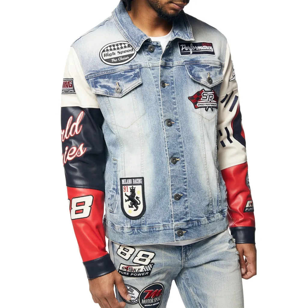 Embroidered Patched Racing Jean Jacket - Beacon Blue