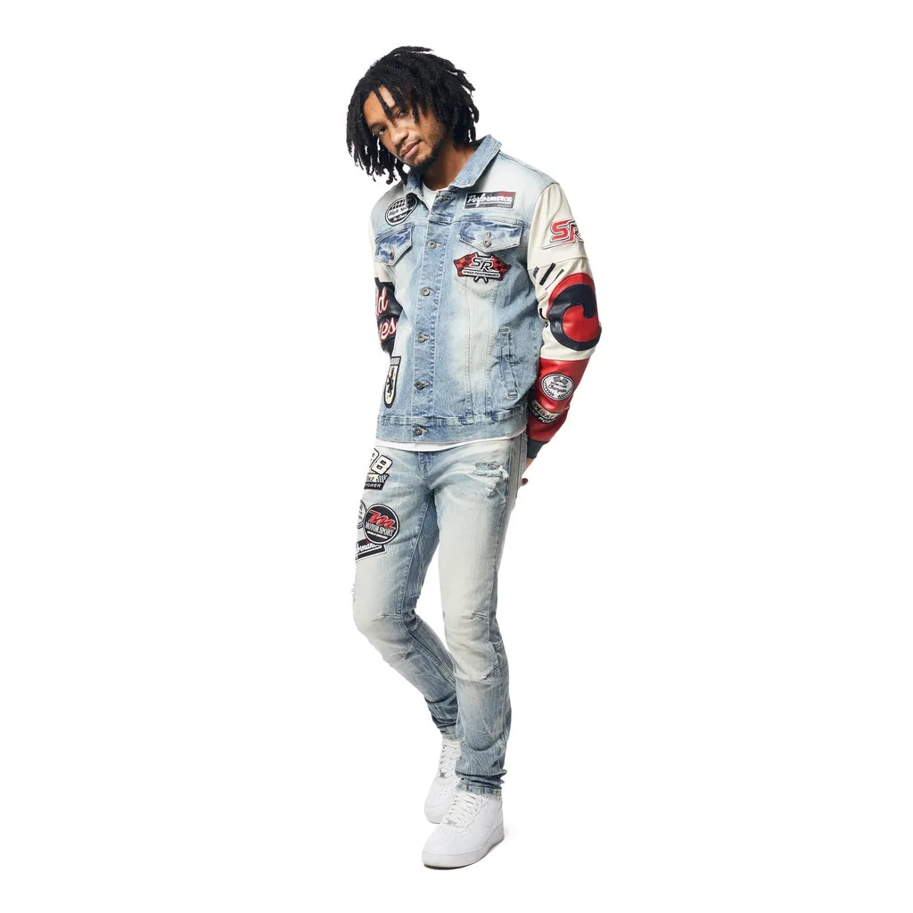 Embroidered Patched Racing Jean Jacket - Beacon Blue