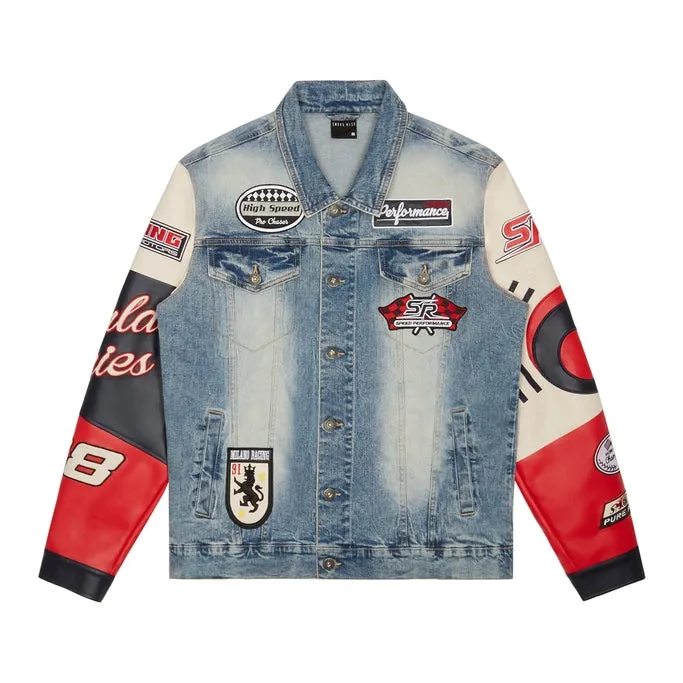 Embroidered Patched Racing Jean Jacket - Beacon Blue