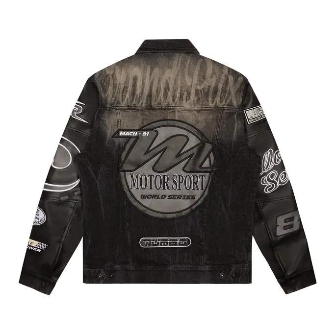 Sure! Heres an optimized title for the e-commerce product:

Stylish Moon Black Racing Jean Jacket with Embroidered Patches